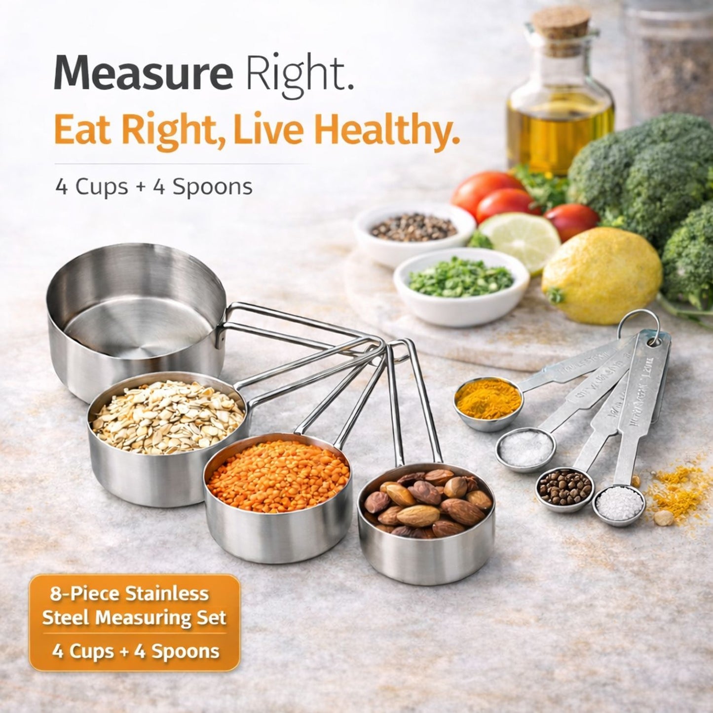 Premium Stainless Steel Measuring Cups & Spoons Set (8 Pcs)