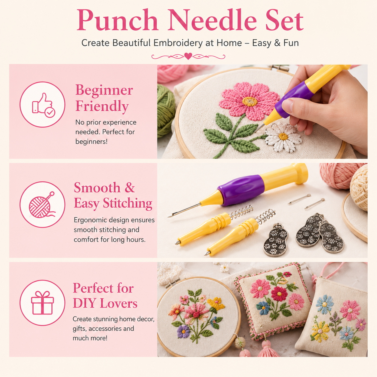 Punch Needle Embroidery Tool Kit for Beginners (3 Sizes)