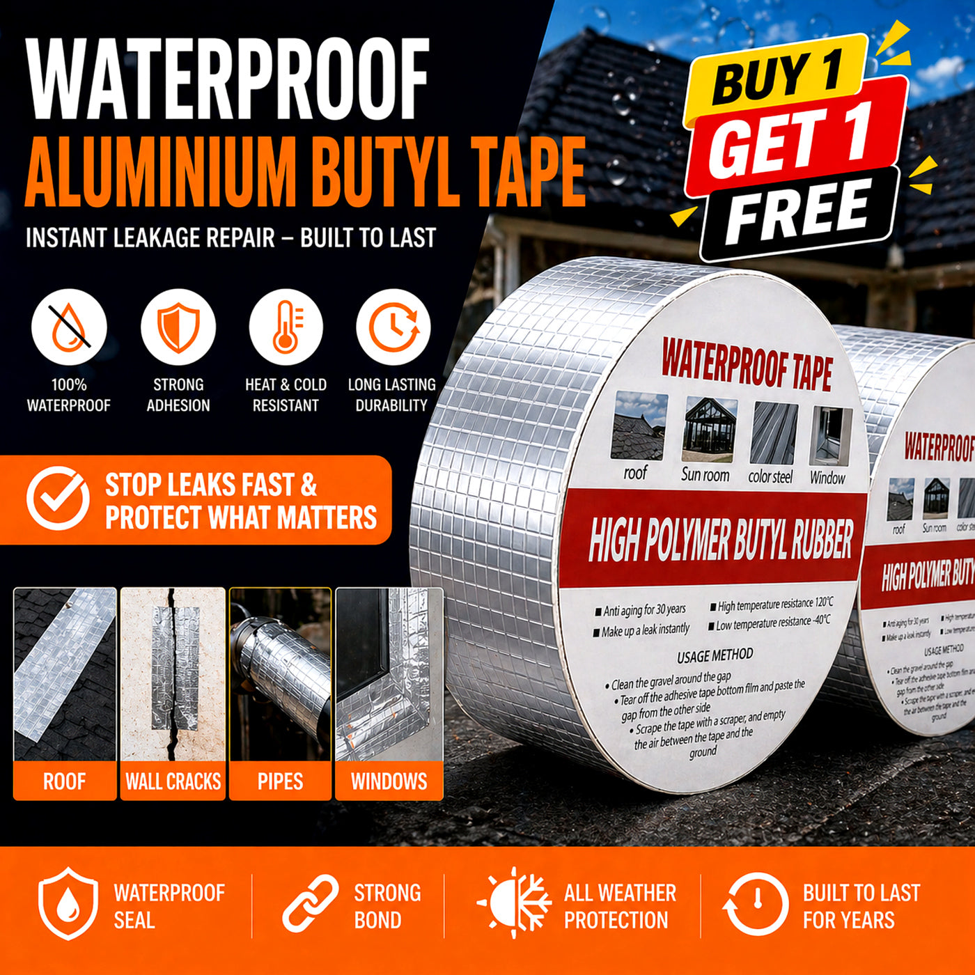 Waterproof Aluminium Butyl Tape – Instant Leak Repair Seal (Buy 1 Get 1 Free)